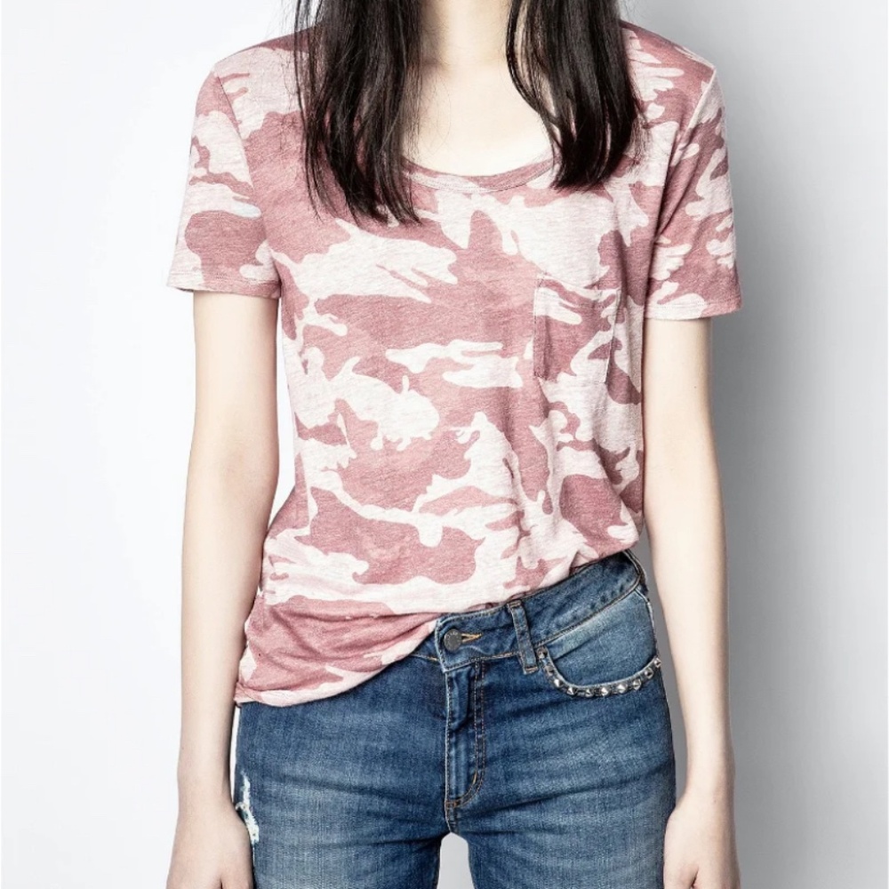 Zadig & Voltaire Awa AO Camo Linen Tee Small Pink Neutral Camouflage T-Shirt